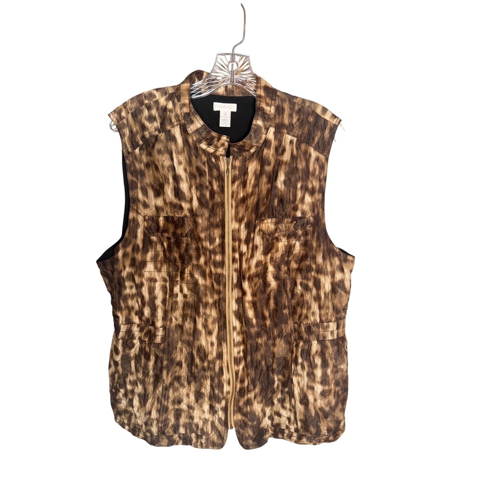 Chico's Animal Print Zip Front Vest Women Size 3 XL Brown Silk Blend Metallic